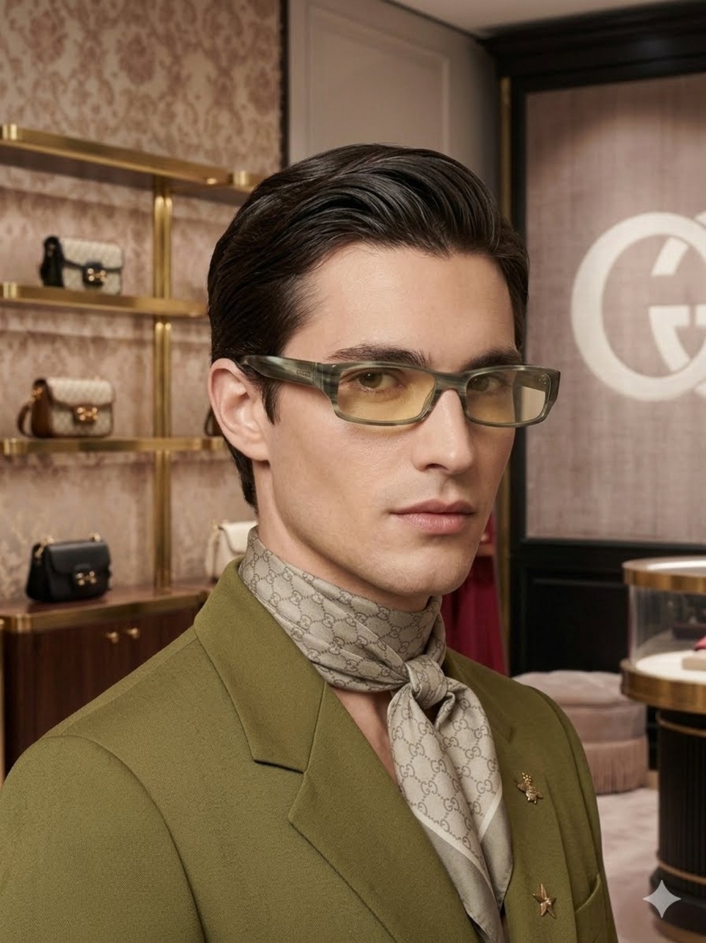 GUCCI low profile marbled grey/horn acetate frame and a minimalist metal plate